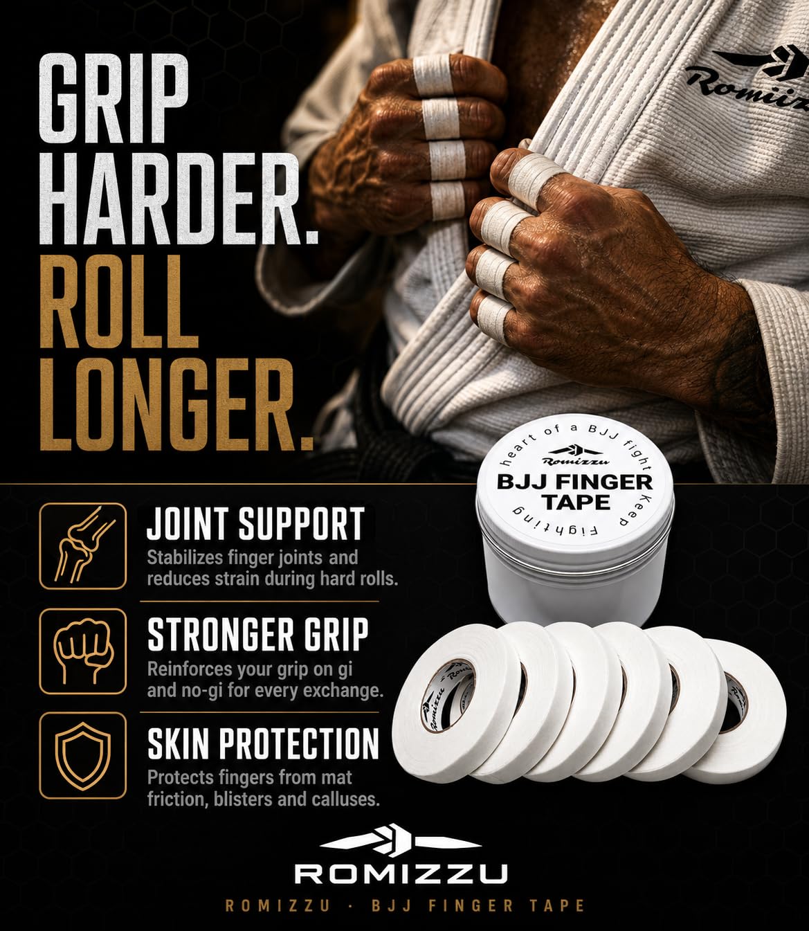 Romizzu BJJ Finger Tape — 3-Pack (3 Tins · 18 Rolls)