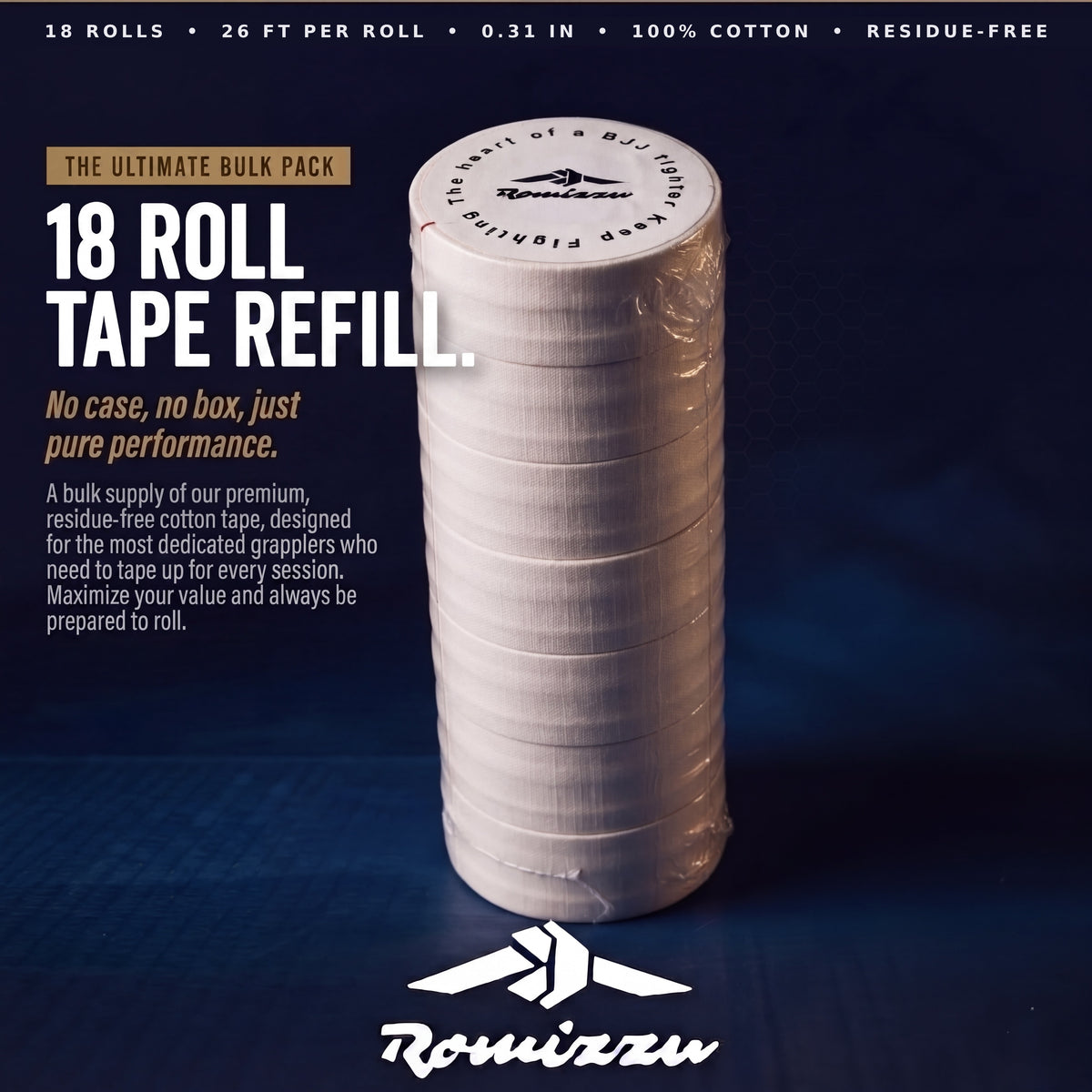 18 roll tape refill, white: 26 ft per roll, 0.31 in, 100% cotton, residue-free