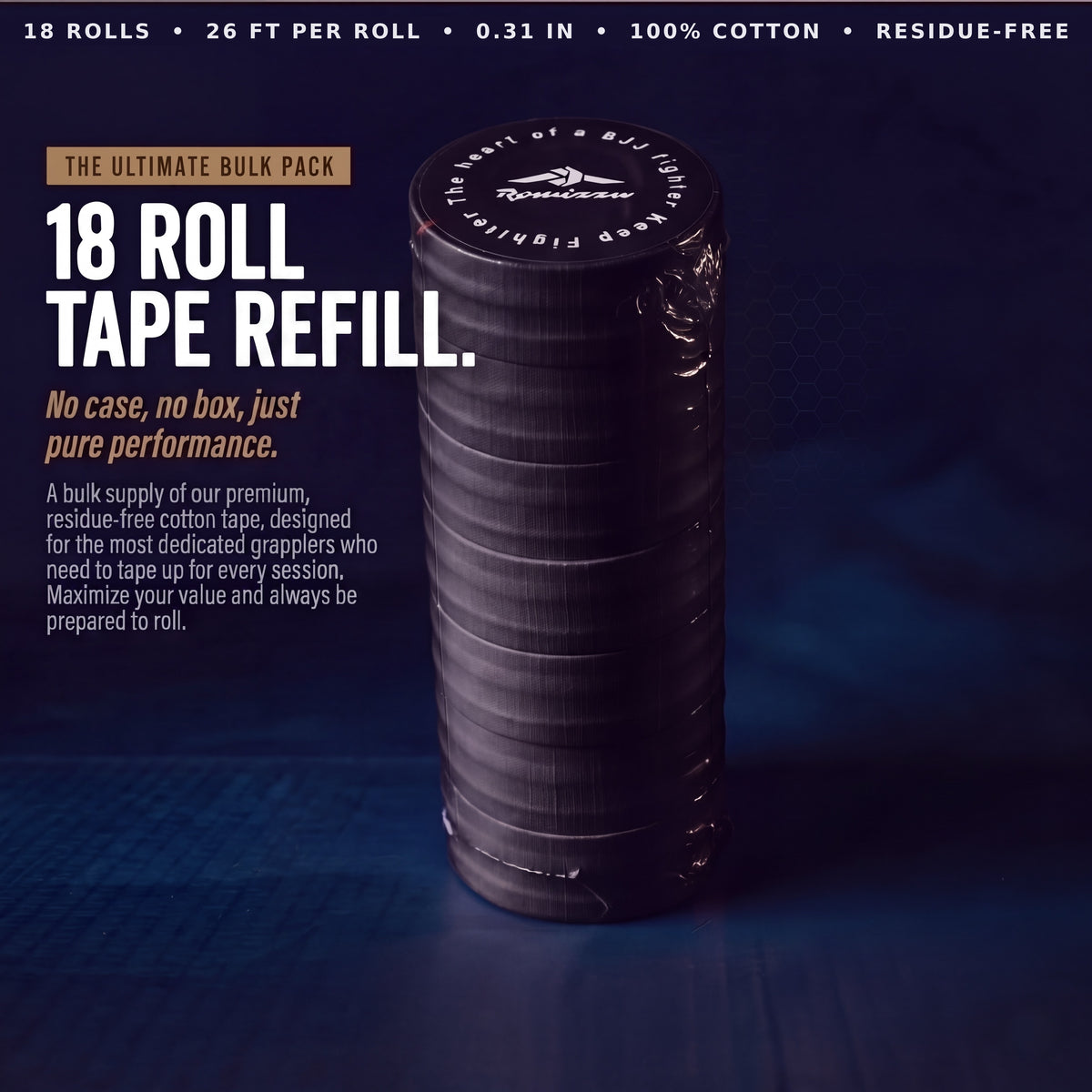 18 roll tape refill, black: 26 ft per roll, 0.31 in, 100% cotton, residue-free